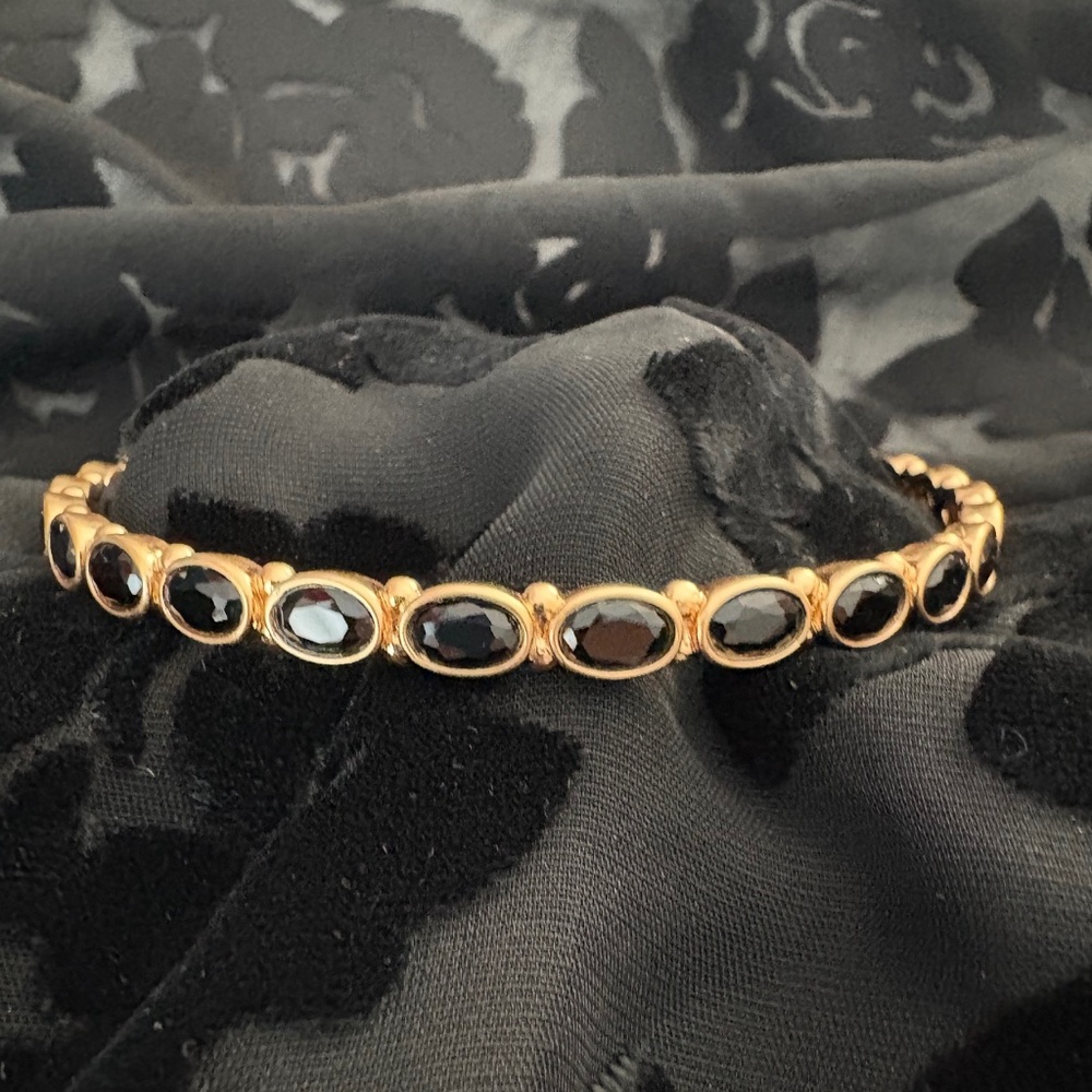 Julie Vos Mykonos Bangle Bracelet 24 Carat Gold Plated Obsidian Black/Large NWOT